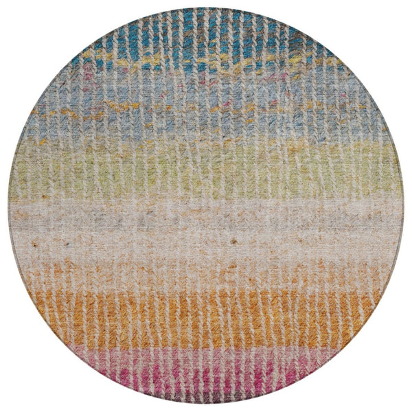 HomeRoots 8' Round Striped Area Rug - Chocolate, Orange & Pink - Washable, Durable for Indoor/Outdoor Use 658923
