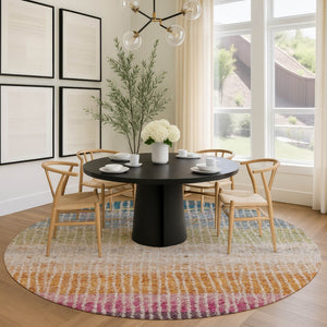 HomeRoots 8' Round Striped Area Rug - Chocolate, Orange & Pink - Washable, Durable for Indoor/Outdoor Use 658923