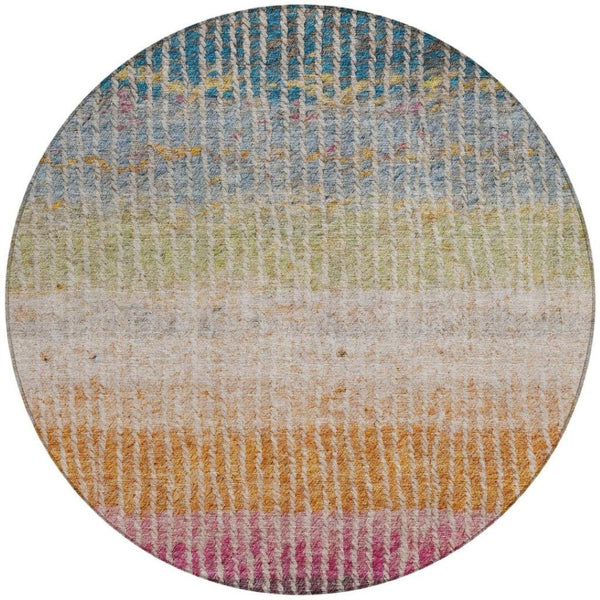 HomeRoots 8' Round Striped Area Rug - Chocolate, Orange & Pink - Washable, Durable for Indoor/Outdoor Use 658923