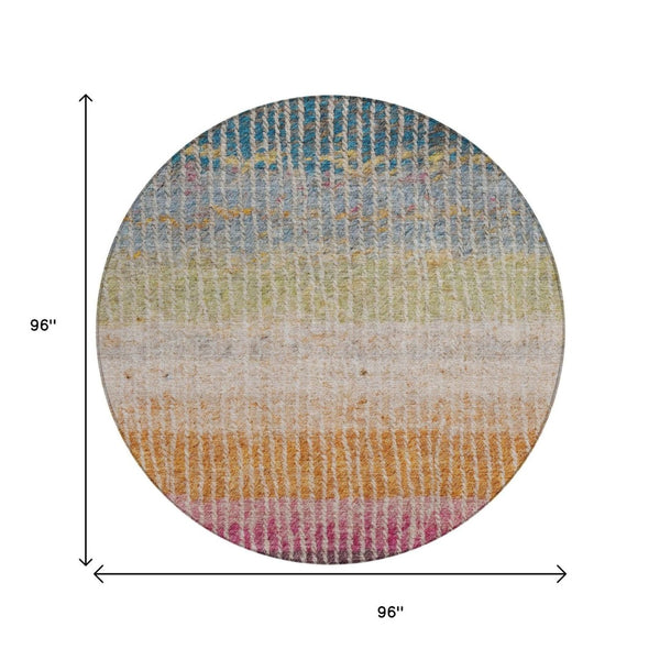 HomeRoots 8' Round Striped Area Rug - Chocolate, Orange & Pink - Washable, Durable for Indoor/Outdoor Use 658923