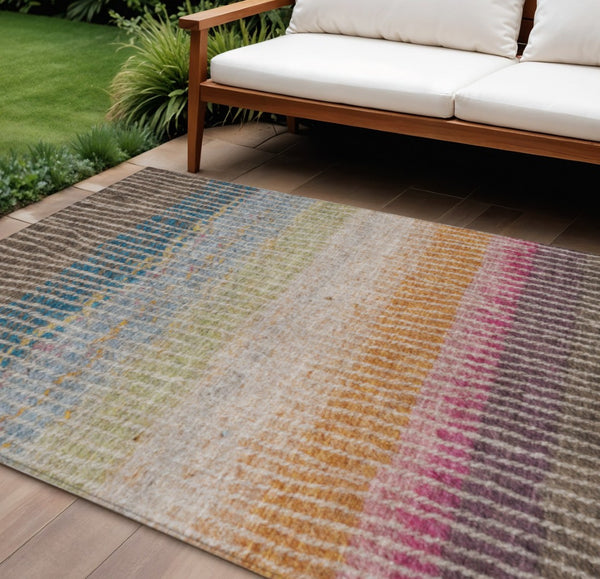 HomeRoots 10' X 14' Striped Washable Area Rug in Chocolate, Orange & Pink - Durable Indoor/Outdoor Accent Piece 658926