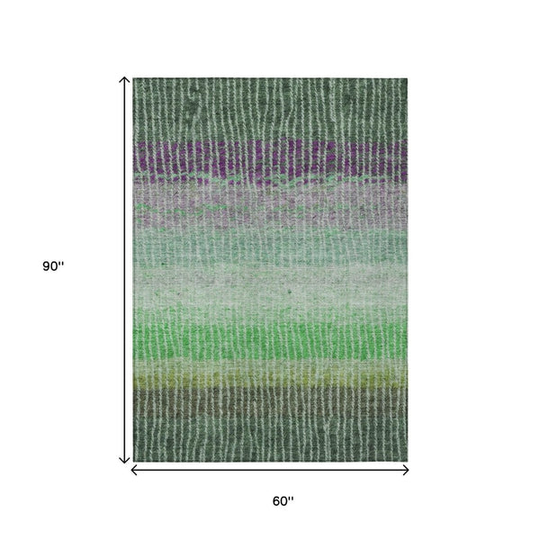 HomeRoots 5' Fern Green & Purple Striped Washable Indoor/Outdoor Area Rug - Durable, Stylish, Easy Care! 658928