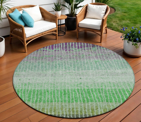 HomeRoots 8' Striped Fern Green and Purple Round Area Rug – Washable, Stain-Resistant for Indoor & Outdoor Use 658929