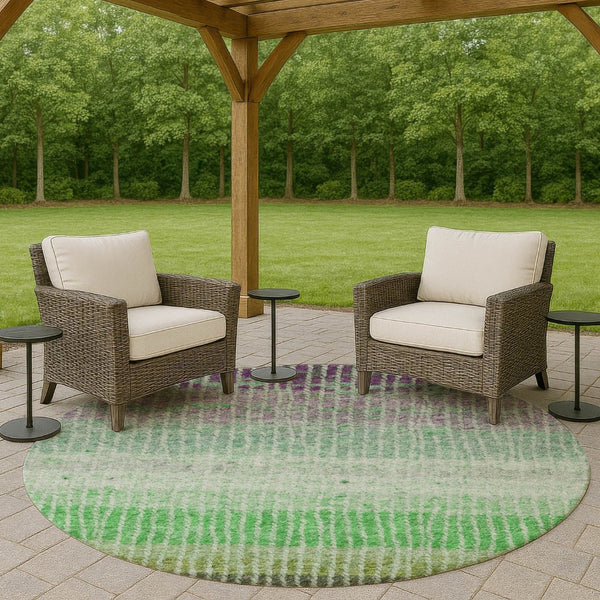 HomeRoots 8' Striped Fern Green and Purple Round Area Rug – Washable, Stain-Resistant for Indoor & Outdoor Use 658929