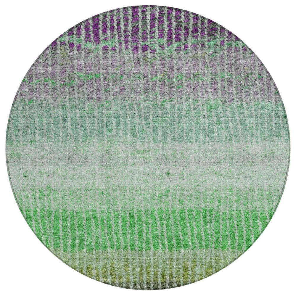 HomeRoots 8' Striped Fern Green and Purple Round Area Rug – Washable, Stain-Resistant for Indoor & Outdoor Use 658929
