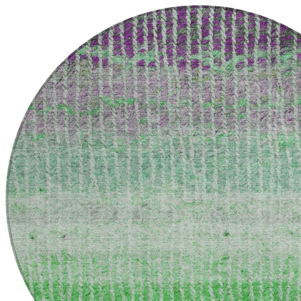 HomeRoots 8' Striped Fern Green and Purple Round Area Rug – Washable, Stain-Resistant for Indoor & Outdoor Use 658929