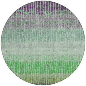 HomeRoots 8' Striped Fern Green and Purple Round Area Rug – Washable, Stain-Resistant for Indoor & Outdoor Use 658929