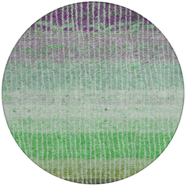HomeRoots 8' Striped Fern Green and Purple Round Area Rug – Washable, Stain-Resistant for Indoor & Outdoor Use 658929