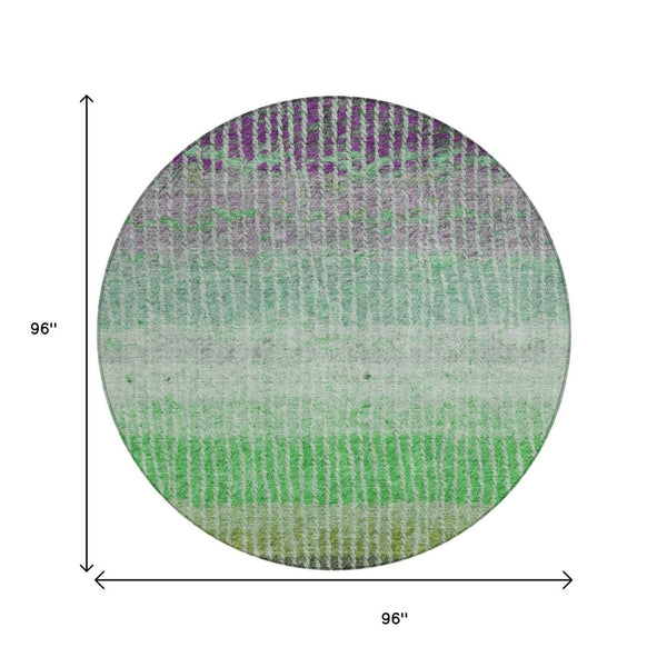 HomeRoots 8' Striped Fern Green and Purple Round Area Rug – Washable, Stain-Resistant for Indoor & Outdoor Use 658929