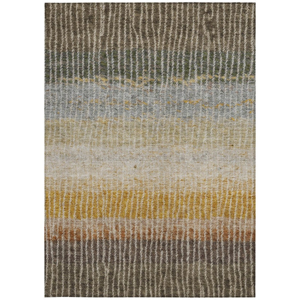 HomeRoots 5' Versatile Brown, Gold & Gray Striped Washable Area Rug for Indoor & Outdoor High-Traffic Spaces 658934