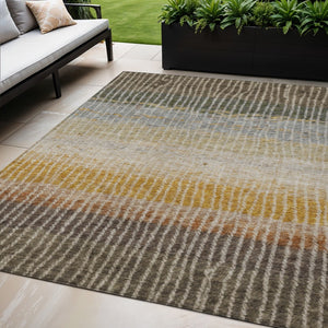 HomeRoots 5' Versatile Brown, Gold & Gray Striped Washable Area Rug for Indoor & Outdoor High-Traffic Spaces 658934
