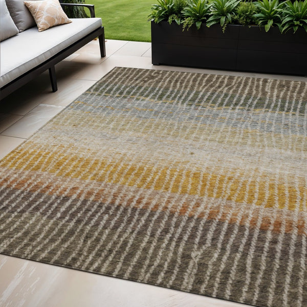HomeRoots 5' Versatile Brown, Gold & Gray Striped Washable Area Rug for Indoor & Outdoor High-Traffic Spaces 658934