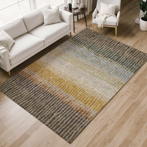 HomeRoots 5' Versatile Brown, Gold & Gray Striped Washable Area Rug for Indoor & Outdoor High-Traffic Spaces 658934