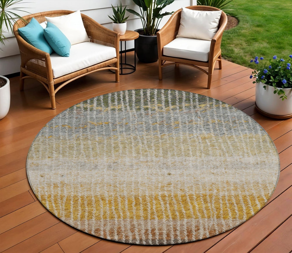 HomeRoots 8' Round Striped Area Rug in Brown, Gold & Gray - Washable, Stain-Resistant, Indoor/Outdoor Use! 658935