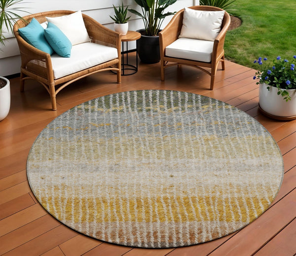 HomeRoots 8' Round Striped Area Rug in Brown, Gold & Gray - Washable, Stain-Resistant, Indoor/Outdoor Use! 658935
