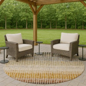 HomeRoots 8' Round Striped Area Rug in Brown, Gold & Gray - Washable, Stain-Resistant, Indoor/Outdoor Use! 658935