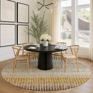 HomeRoots 8' Round Striped Area Rug in Brown, Gold & Gray - Washable, Stain-Resistant, Indoor/Outdoor Use! 658935