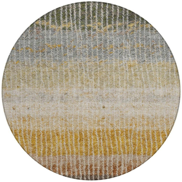 HomeRoots 8' Round Striped Area Rug in Brown, Gold & Gray - Washable, Stain-Resistant, Indoor/Outdoor Use! 658935
