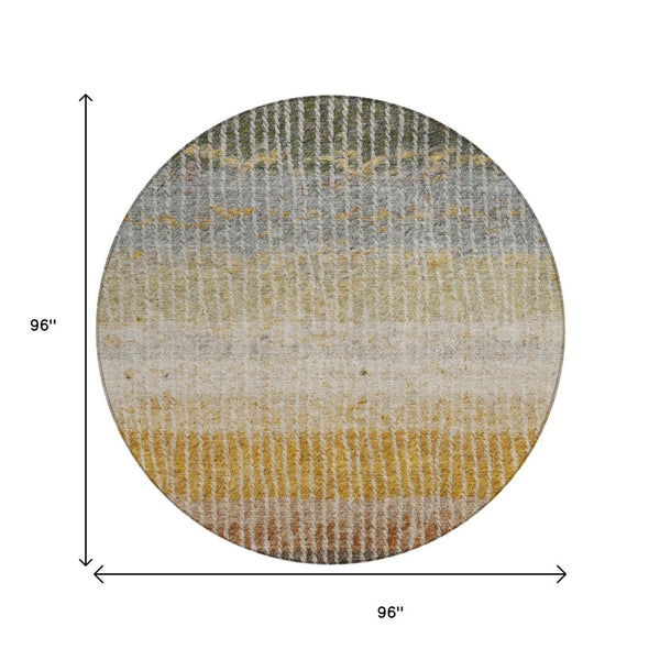 HomeRoots 8' Round Striped Area Rug in Brown, Gold & Gray - Washable, Stain-Resistant, Indoor/Outdoor Use! 658935