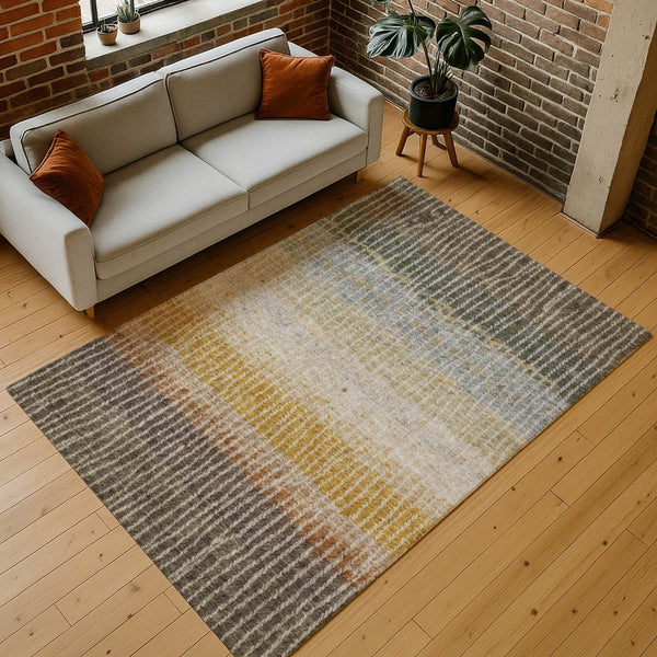 HomeRoots 8' X 10' Striped Washable Area Rug in Brown, Gold & Gray - Perfect for Indoor & Outdoor Spaces! 658936