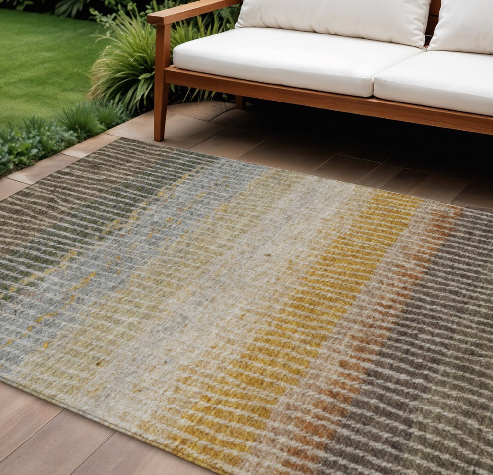 HomeRoots 10' Striped Washable Area Rug in Brown, Gold & Gray – Perfect for Indoor/Outdoor Spaces & Pets! 658938