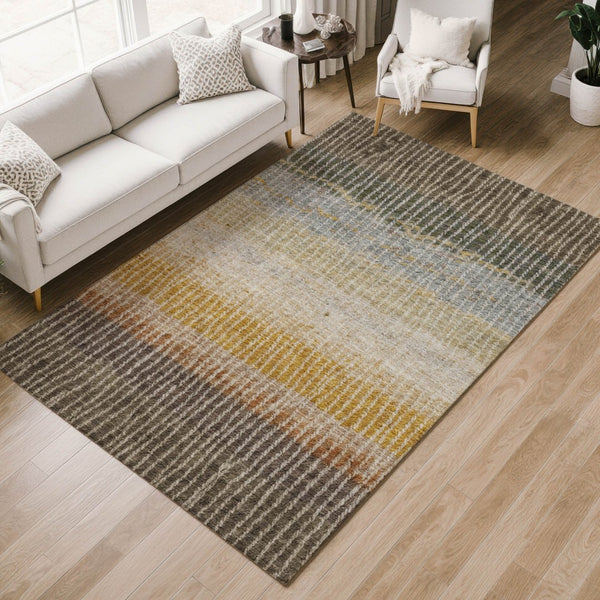 HomeRoots 10' Striped Washable Area Rug in Brown, Gold & Gray – Perfect for Indoor/Outdoor Spaces & Pets! 658938
