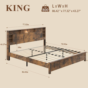 English Elm Wood Queen Platform Bed Bookcase Headboard with Led Lighting and Charging Station W636P444679