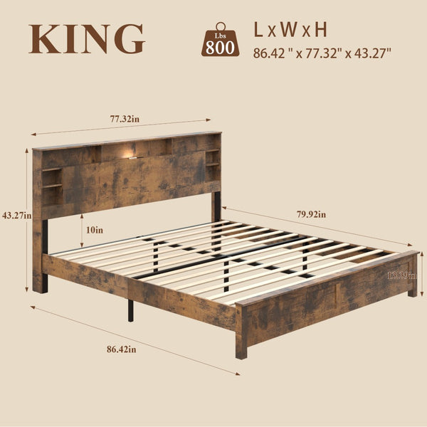 English Elm Wood Queen Platform Bed Bookcase Headboard with Led Lighting and Charging Station W636P444679