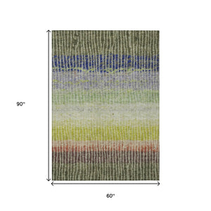 HomeRoots 5' Vibrant Olive Green, Red & Purple Striped Washable Area Rug for Indoor/Outdoor Spaces, Durable & Stylish 658940