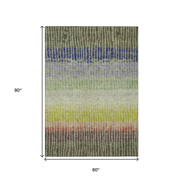 HomeRoots 5' Vibrant Olive Green, Red & Purple Striped Washable Area Rug for Indoor/Outdoor Spaces, Durable & Stylish 658940