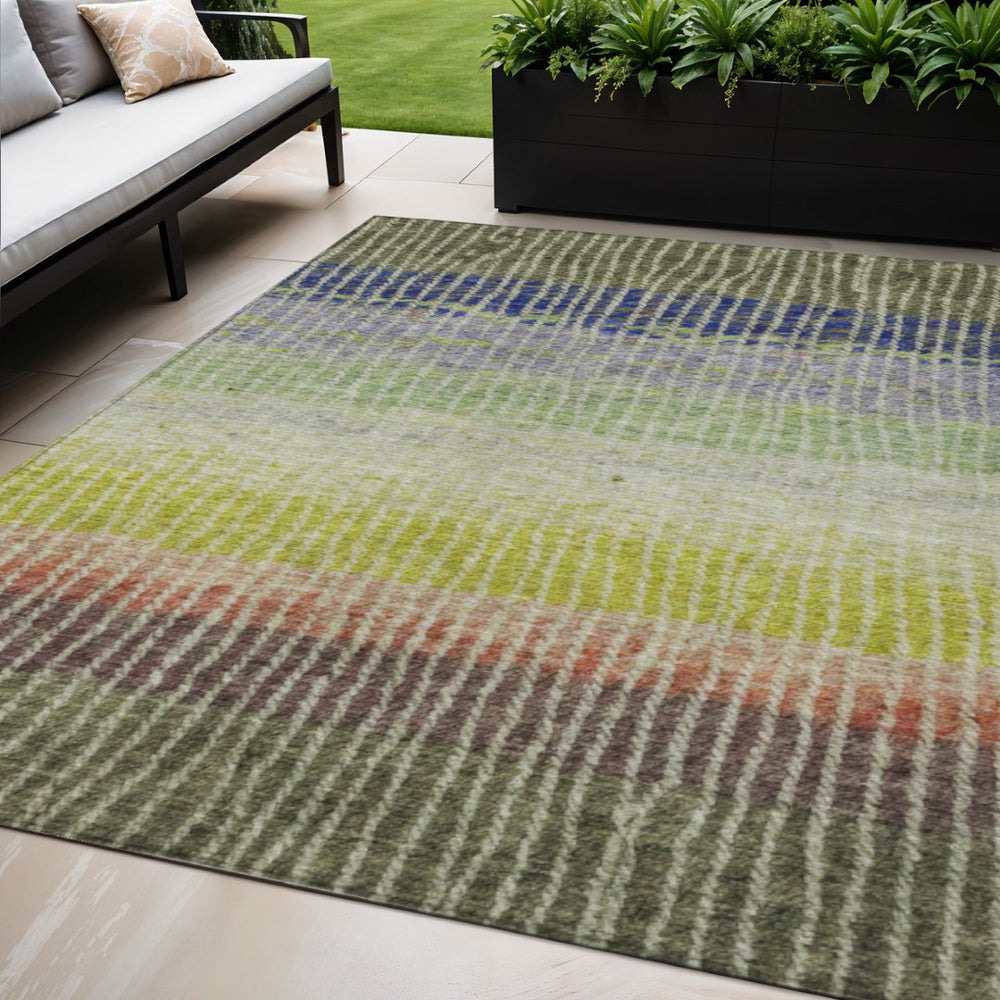 HomeRoots 5' Vibrant Olive Green, Red & Purple Striped Washable Area Rug for Indoor/Outdoor Spaces, Durable & Stylish 658940