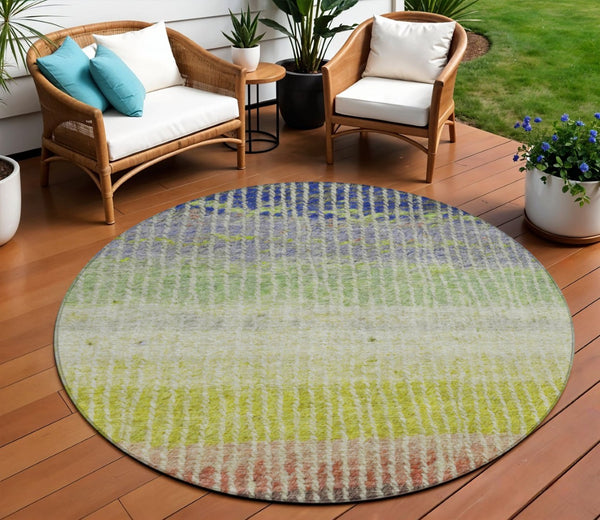 HomeRoots 8' Vibrant Olive Green, Red & Purple Round Striped Area Rug - Durable, Washable for Indoor/Outdoor Use 658941