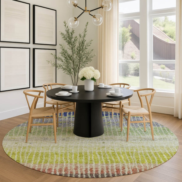 HomeRoots 8' Vibrant Olive Green, Red & Purple Round Striped Area Rug - Durable, Washable for Indoor/Outdoor Use 658941