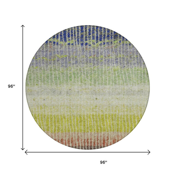 HomeRoots 8' Vibrant Olive Green, Red & Purple Round Striped Area Rug - Durable, Washable for Indoor/Outdoor Use 658941