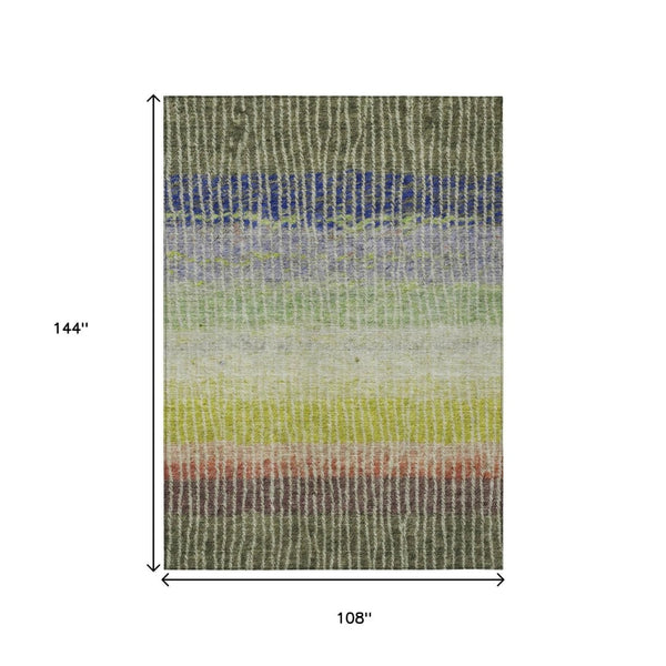 HomeRoots 9' Washable Olive Green, Red & Purple Striped Area Rug - Durable Indoor/Outdoor Style for All Spaces 658943