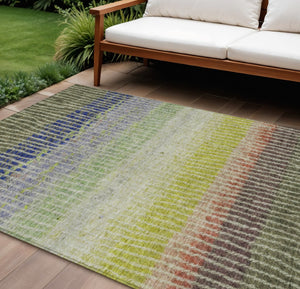 HomeRoots 10' Colorful Striped Washable Area Rug - Olive Green, Red & Purple for Indoor/Outdoor Use, Durable! 658944