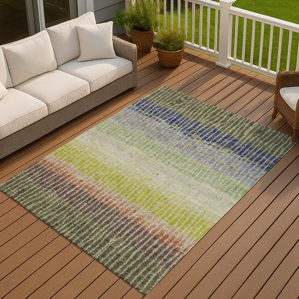 HomeRoots 10' Colorful Striped Washable Area Rug - Olive Green, Red & Purple for Indoor/Outdoor Use, Durable! 658944