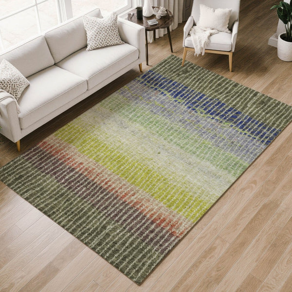 HomeRoots 10' Colorful Striped Washable Area Rug - Olive Green, Red & Purple for Indoor/Outdoor Use, Durable! 658944