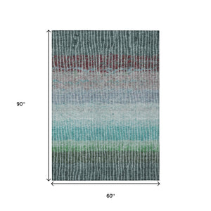 HomeRoots 5' Teal Blue and Green Striped Area Rug - Washable, Durable, Indoor/Outdoor Soft Floor Covering 658946