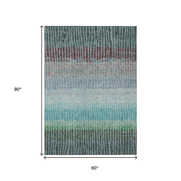 HomeRoots 5' Teal Blue and Green Striped Area Rug - Washable, Durable, Indoor/Outdoor Soft Floor Covering 658946