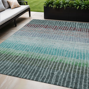 HomeRoots 5' Teal Blue and Green Striped Area Rug - Washable, Durable, Indoor/Outdoor Soft Floor Covering 658946