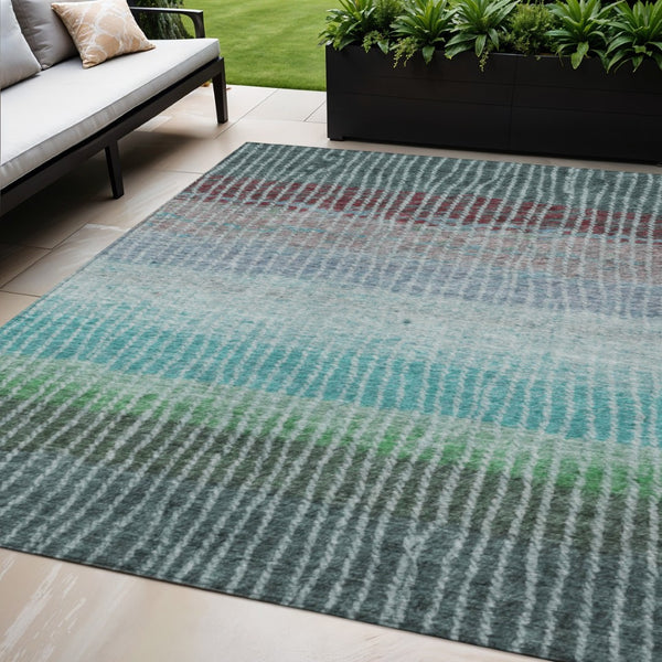 HomeRoots 5' Teal Blue and Green Striped Area Rug - Washable, Durable, Indoor/Outdoor Soft Floor Covering 658946