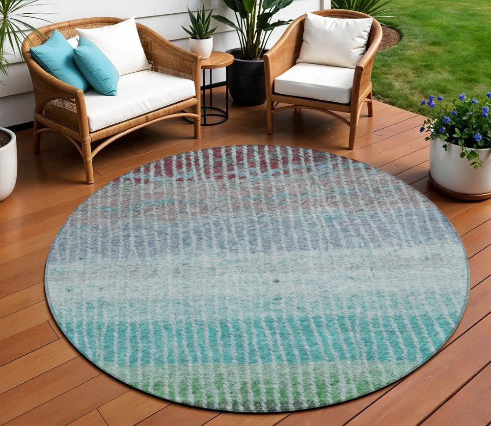 HomeRoots 8' Vibrant Teal Blue & Green Round Striped Area Rug – Washable, Durable, Perfect for Indoor & Outdoor Use 658947
