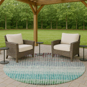 HomeRoots 8' Vibrant Teal Blue & Green Round Striped Area Rug – Washable, Durable, Perfect for Indoor & Outdoor Use 658947