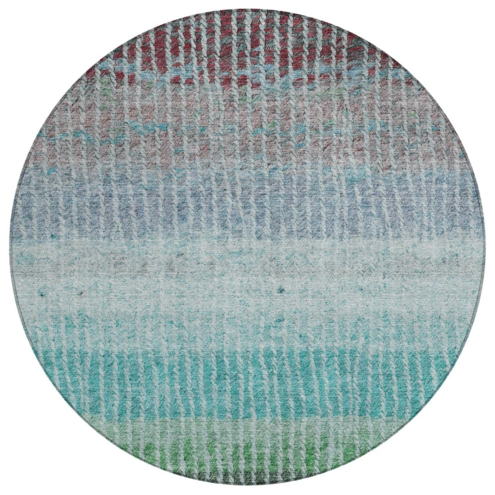 HomeRoots 8' Vibrant Teal Blue & Green Round Striped Area Rug – Washable, Durable, Perfect for Indoor & Outdoor Use 658947