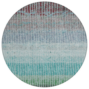 HomeRoots 8' Vibrant Teal Blue & Green Round Striped Area Rug – Washable, Durable, Perfect for Indoor & Outdoor Use 658947