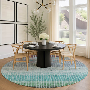 HomeRoots 8' Vibrant Teal Blue & Green Round Striped Area Rug – Washable, Durable, Perfect for Indoor & Outdoor Use 658947