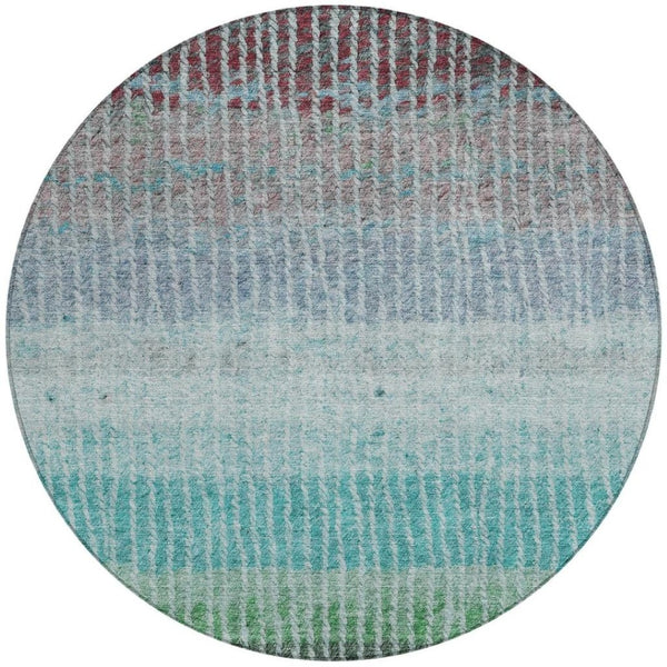 HomeRoots 8' Vibrant Teal Blue & Green Round Striped Area Rug – Washable, Durable, Perfect for Indoor & Outdoor Use 658947