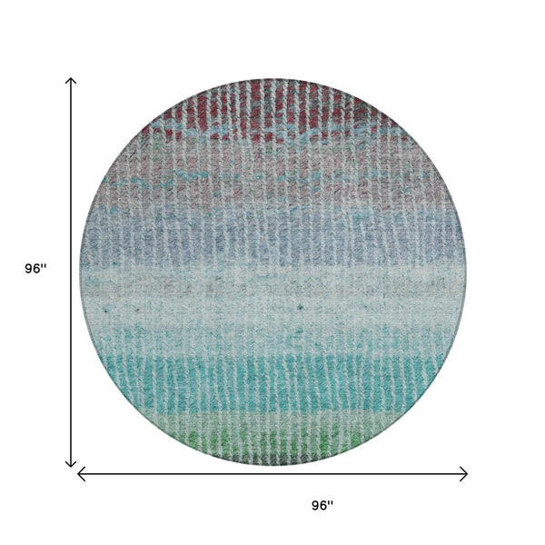 HomeRoots 8' Vibrant Teal Blue & Green Round Striped Area Rug – Washable, Durable, Perfect for Indoor & Outdoor Use 658947