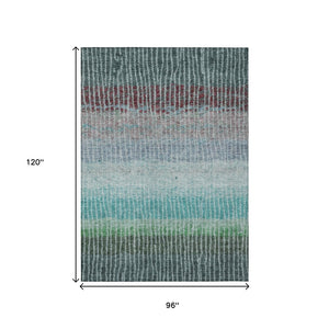 HomeRoots 8' Teal and Green Striped Washable Area Rug - Durable Indoor/Outdoor Design for High-Traffic Spaces 658948